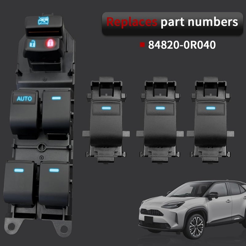 BELGEMAY Window Switch Assembly with 3 Single Switches & LED Backlight, Compatible with Toyota Tundra/Sequoia 2007-2021 Models (Driver Side + Passenger/Rear Doors) (Four-Door Window Switch, Ice Blue) - Image 2